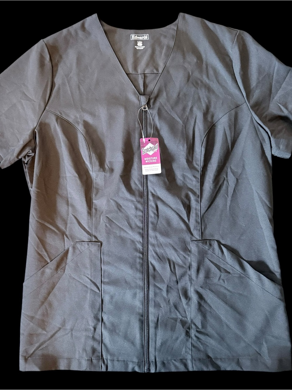 Edwards Womens L Black Zip Front Scrub Uniform Top Scotchgard NWT